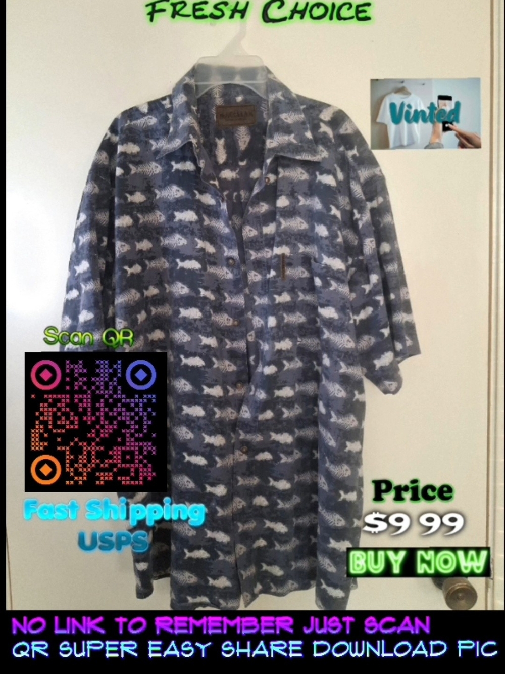 Men's Blue Fish-Print Button Shirt Jacket